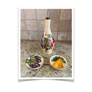 Oil Dispenser Bottle and 2 appetizers plates-never used HAND PAINTED